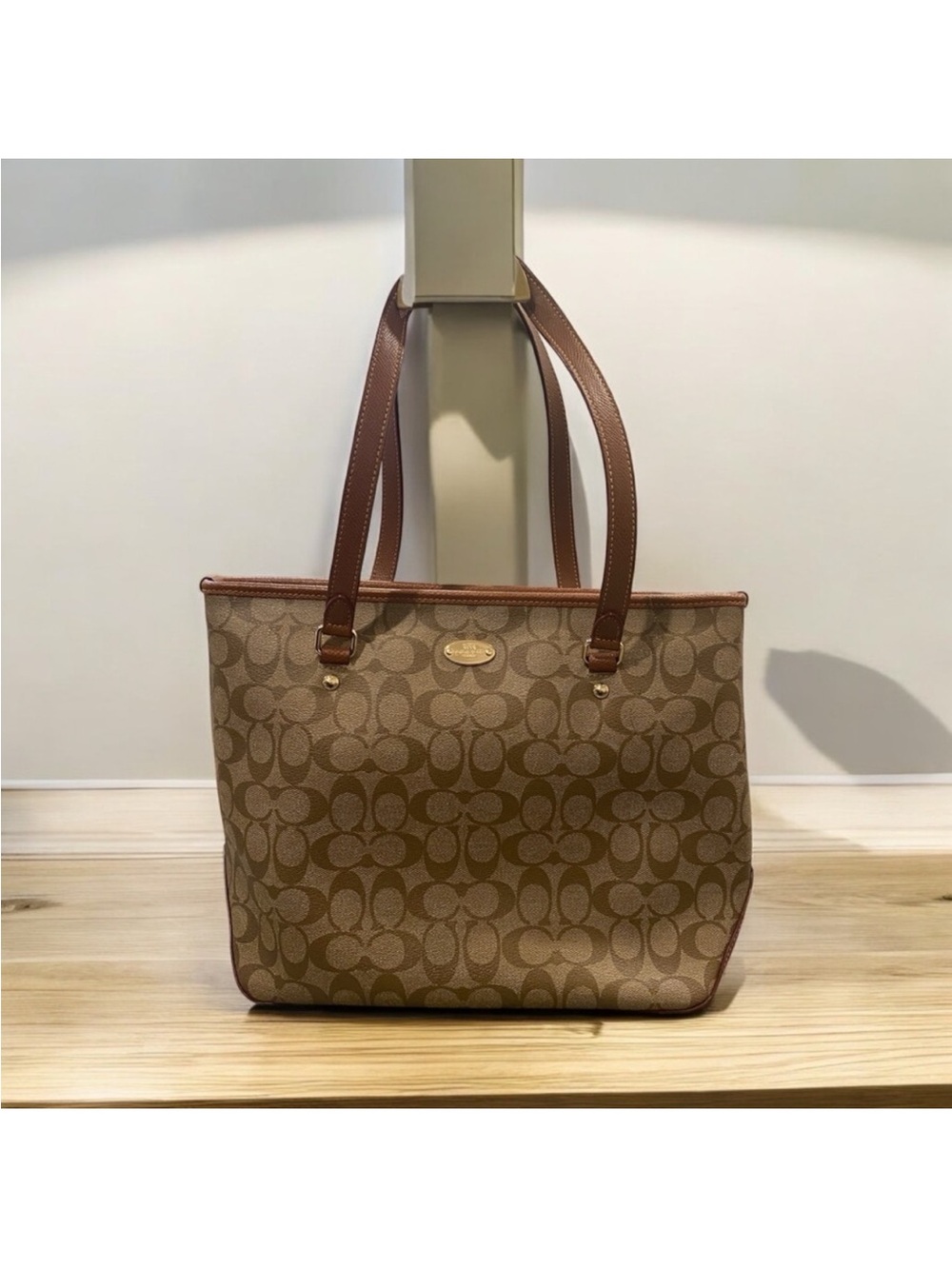 Coach beige & brown coated canvas & leather signature zip top city tote F34603